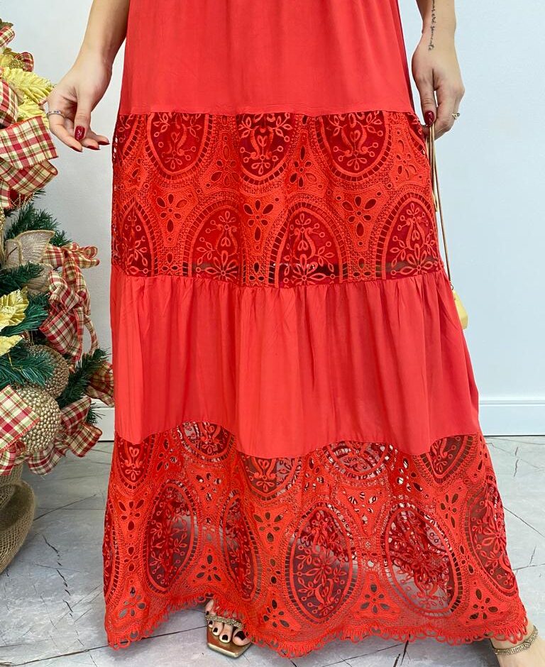 Vestido Longo Sophia sem Bojo com Detalhes Bordados Vermelho - Fernanda Ramos Store