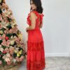 Vestido Longo Sophia sem Bojo com Detalhes Bordados Vermelho - Fernanda Ramos Store