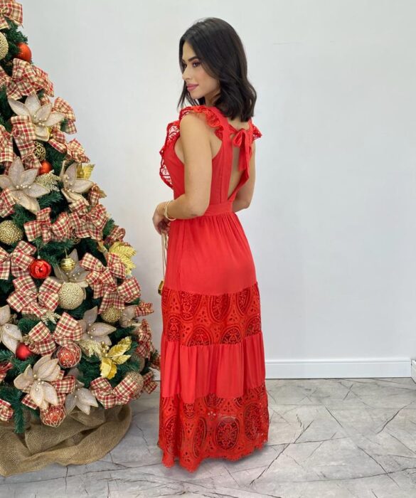 Vestido Longo Sophia sem Bojo com Detalhes Bordados Vermelho - Fernanda Ramos Store