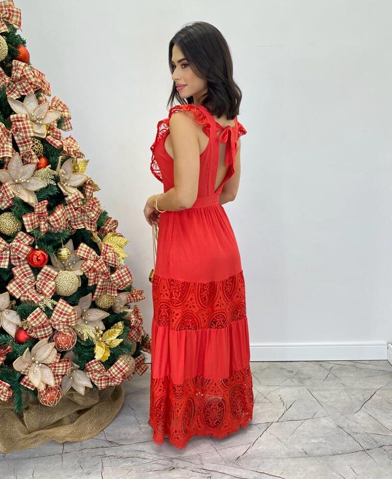 Vestido Longo Sophia sem Bojo com Detalhes Bordados Vermelho - Fernanda Ramos Store