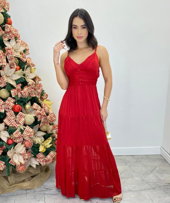 Vestido Longo Valentina com Bojo e Botões Falsos Vermelho - Fernanda Ramos Store