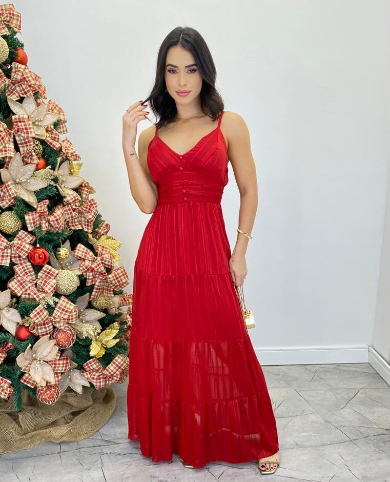 Vestido Longo Valentina com Bojo e Botões Falsos Vermelho - Fernanda Ramos Store