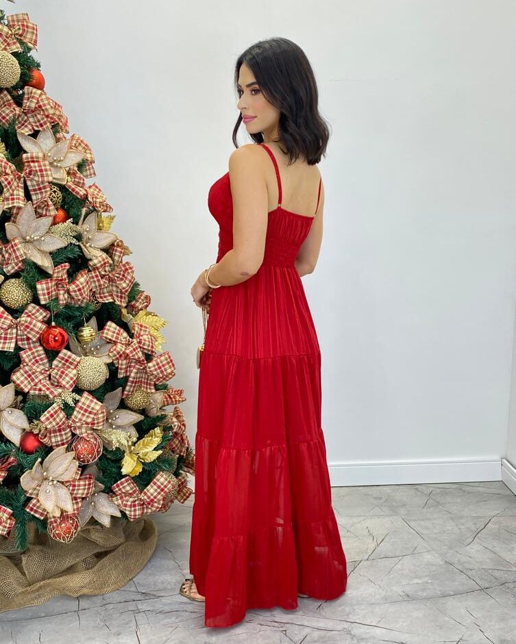 Vestido Longo Valentina com Bojo e Botões Falsos Vermelho - Fernanda Ramos Store