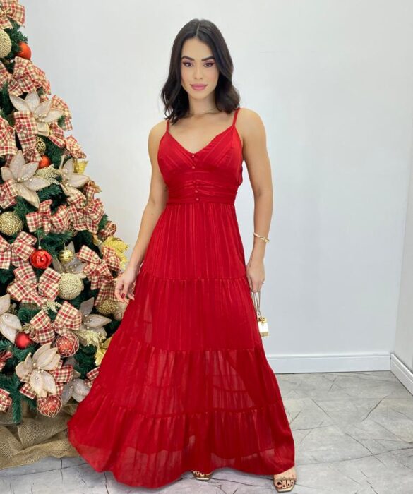 Vestido Longo Valentina com Bojo e Botões Falsos Vermelho - Fernanda Ramos Store