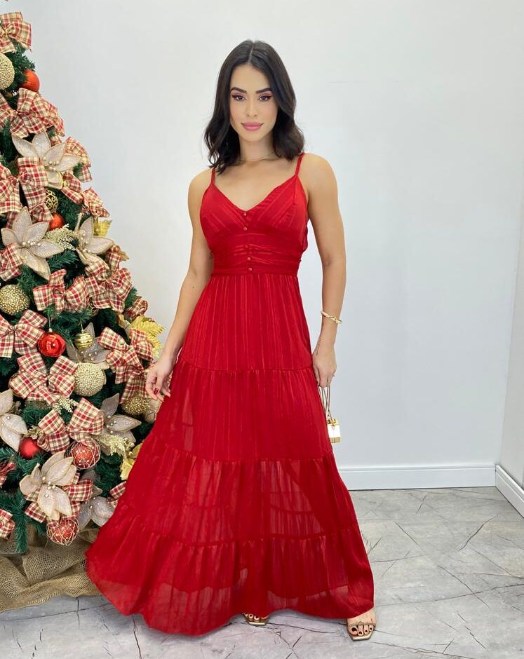 Vestido Longo Valentina com Bojo e Botões Falsos Vermelho - Fernanda Ramos Store