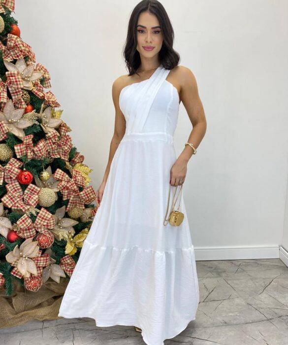 Vestido Longo Branco Ayla com Bojo Nula Manga - Fernanda Ramos Store