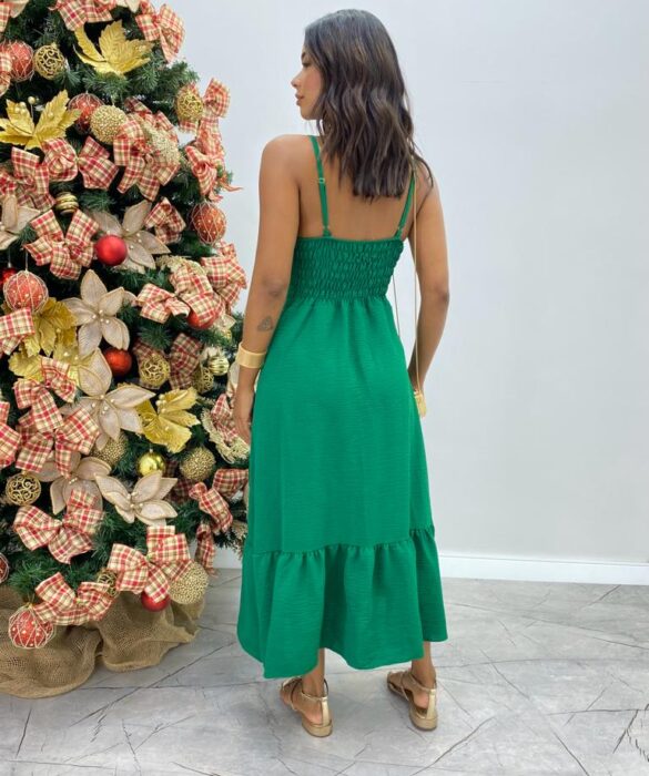 Vestido Longuete com Bojo e Botões Alça Regulável Verde - Fernanda Ramos Store