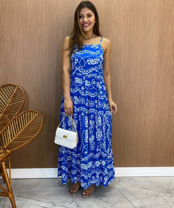 Vestido Longuete Jú sem Bojo Viscolinho Estampado Azul - Fernanda Ramos Store