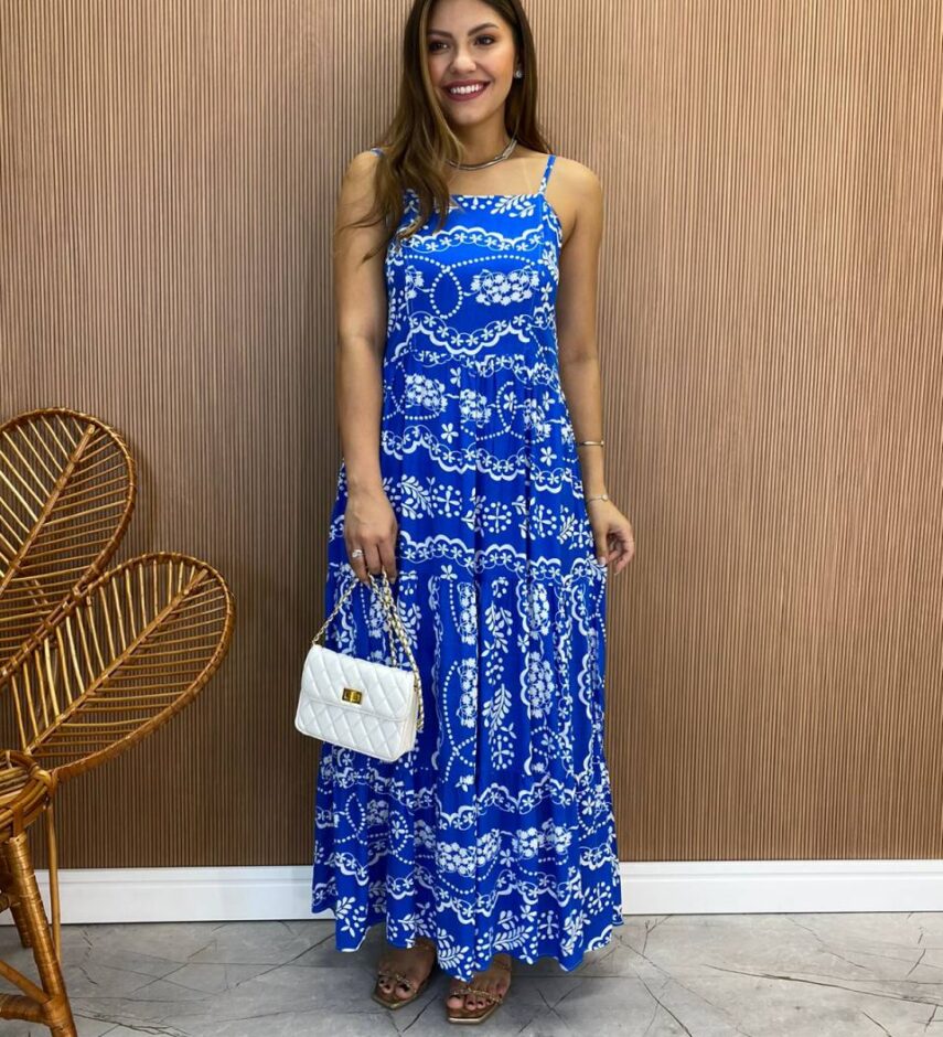 Vestido Longuete Jú sem Bojo Viscolinho Estampado Azul - Fernanda Ramos Store