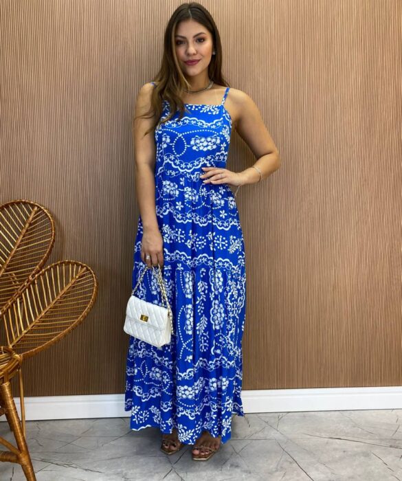 Vestido Longuete Jú sem Bojo Viscolinho Estampado Azul - Fernanda Ramos Store