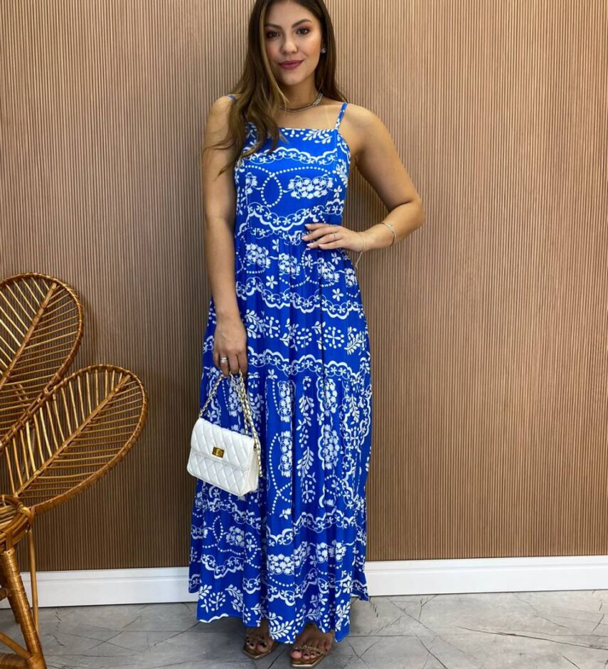 Vestido Longuete Jú sem Bojo Viscolinho Estampado Azul - Fernanda Ramos Store