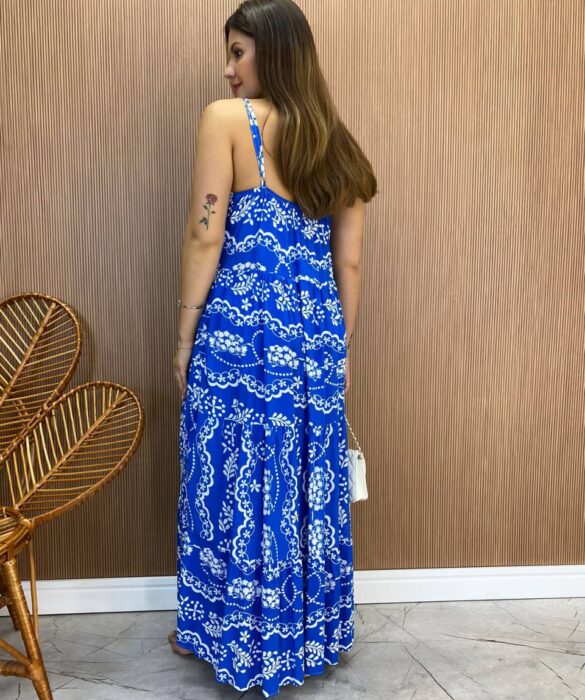 Vestido Longuete Jú sem Bojo Viscolinho Estampado Azul - Fernanda Ramos Store