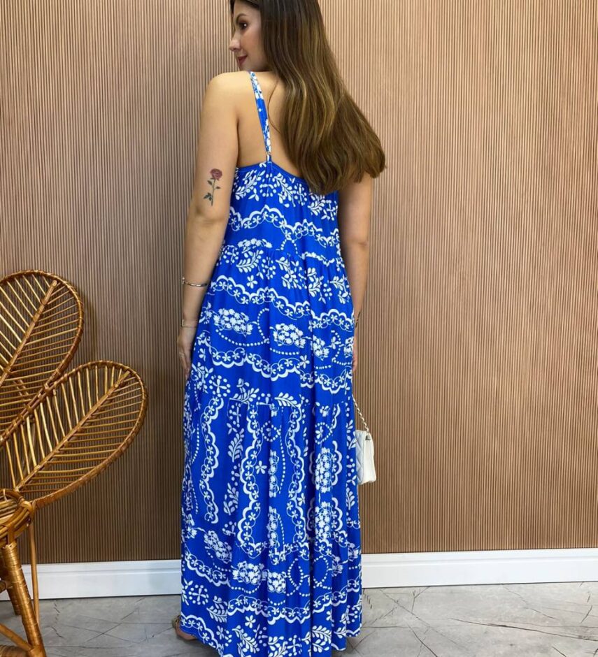 Vestido Longuete Jú sem Bojo Viscolinho Estampado Azul - Fernanda Ramos Store