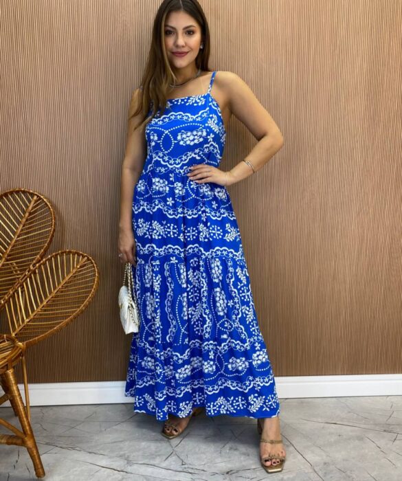 Vestido Longuete Jú sem Bojo Viscolinho Estampado Azul - Fernanda Ramos Store