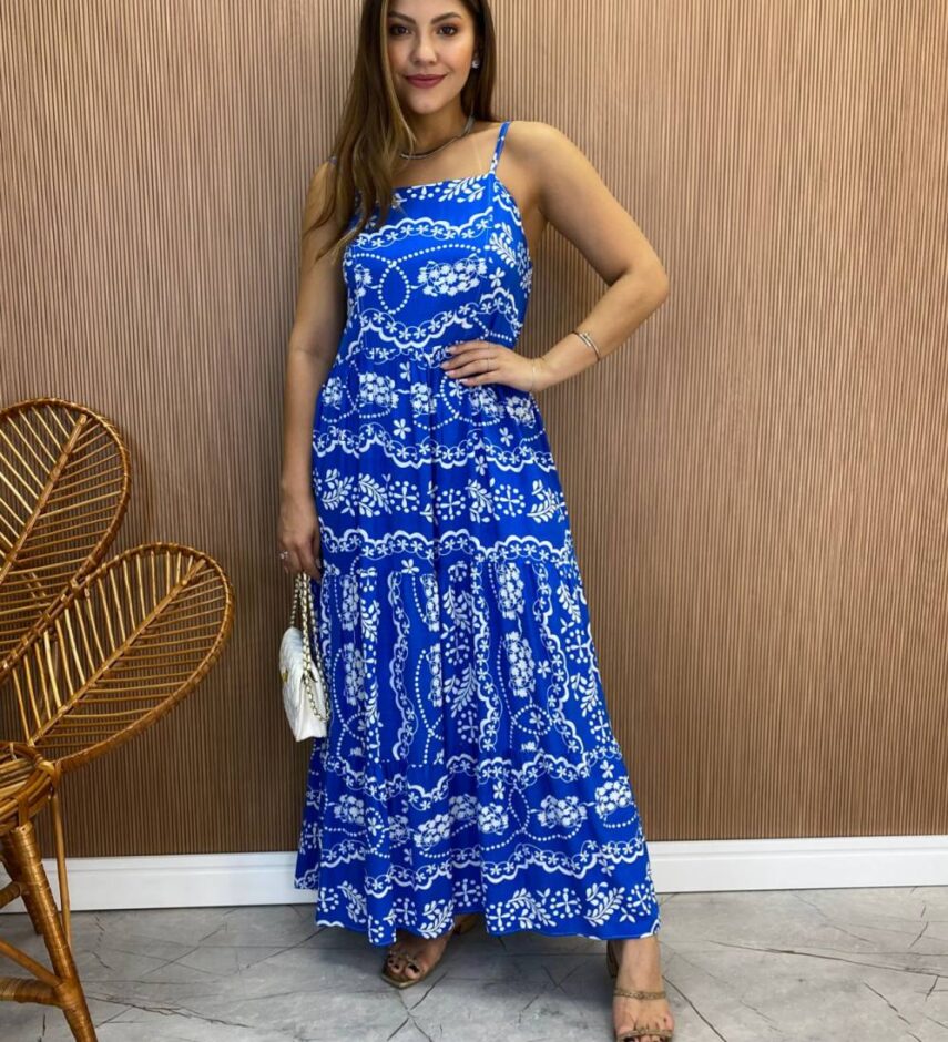 Vestido Longuete Jú sem Bojo Viscolinho Estampado Azul - Fernanda Ramos Store