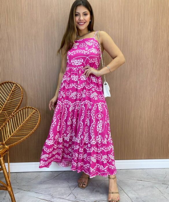 Vestido Longuete Jú sem Bojo Viscolinho Estampado Pink - Fernanda Ramos Store