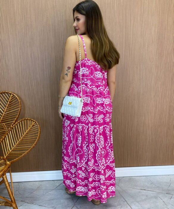 Vestido Longuete Jú sem Bojo Viscolinho Estampado Pink - Fernanda Ramos Store