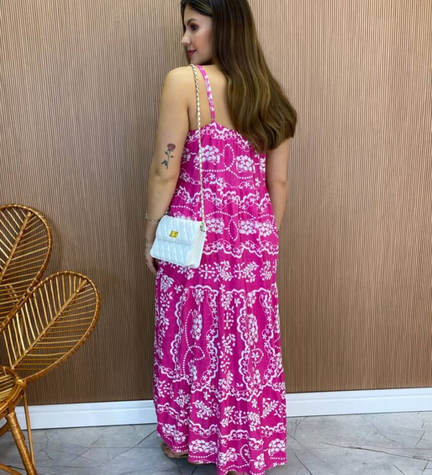 Vestido Longuete Jú sem Bojo Viscolinho Estampado Pink - Fernanda Ramos Store