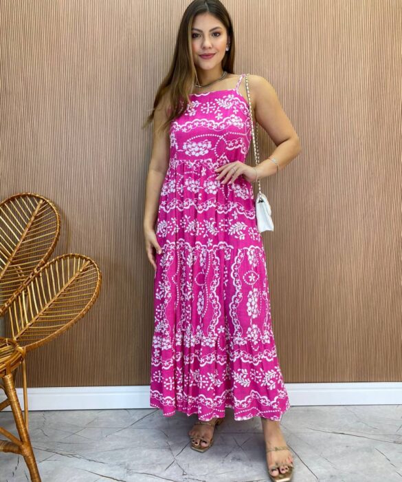 Vestido Longuete Jú sem Bojo Viscolinho Estampado Pink - Fernanda Ramos Store