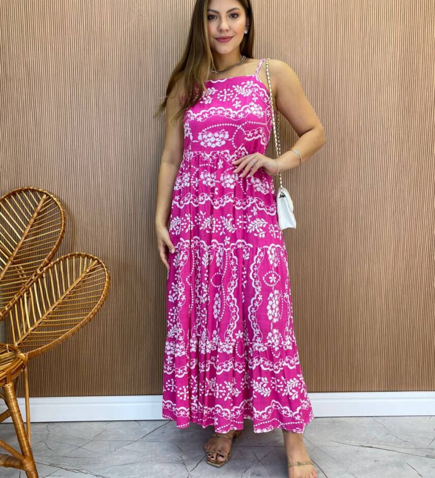 Vestido Longuete Jú sem Bojo Viscolinho Estampado Pink - Fernanda Ramos Store