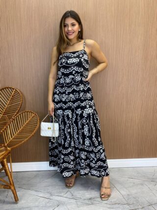 Vestido Longuete Jú sem Bojo Viscolinho Estampado Preto - Fernanda Ramos Store