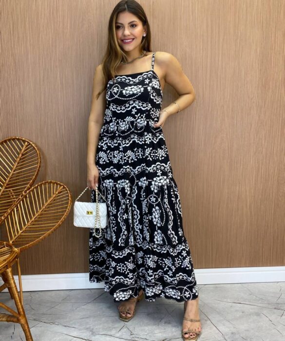 Vestido Longuete Jú sem Bojo Viscolinho Estampado Preto - Fernanda Ramos Store