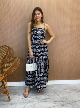 Vestido Longuete Jú sem Bojo Viscolinho Estampado Preto - Fernanda Ramos Store