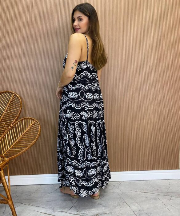 Vestido Longuete Jú sem Bojo Viscolinho Estampado Preto - Fernanda Ramos Store