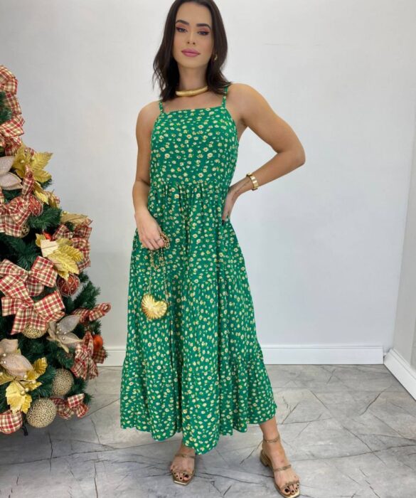 Vestido Longuete Júlia Viscolinho sem Bojo Estampado Verde - Fernanda Ramos Store