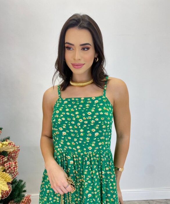 Vestido Longuete Júlia Viscolinho sem Bojo Estampado Verde - Fernanda Ramos Store