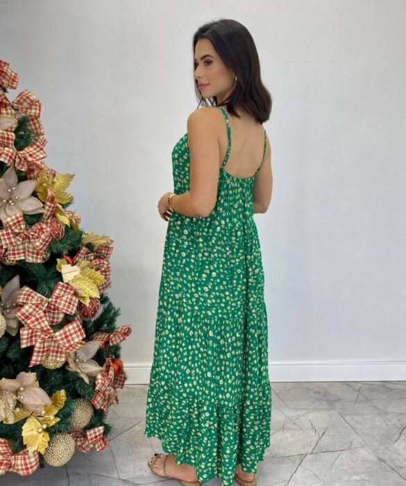 Vestido Longuete Júlia Viscolinho sem Bojo Estampado Verde - Fernanda Ramos Store