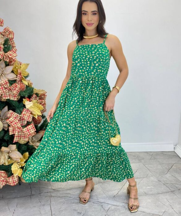 Vestido Longuete Júlia Viscolinho sem Bojo Estampado Verde - Fernanda Ramos Store