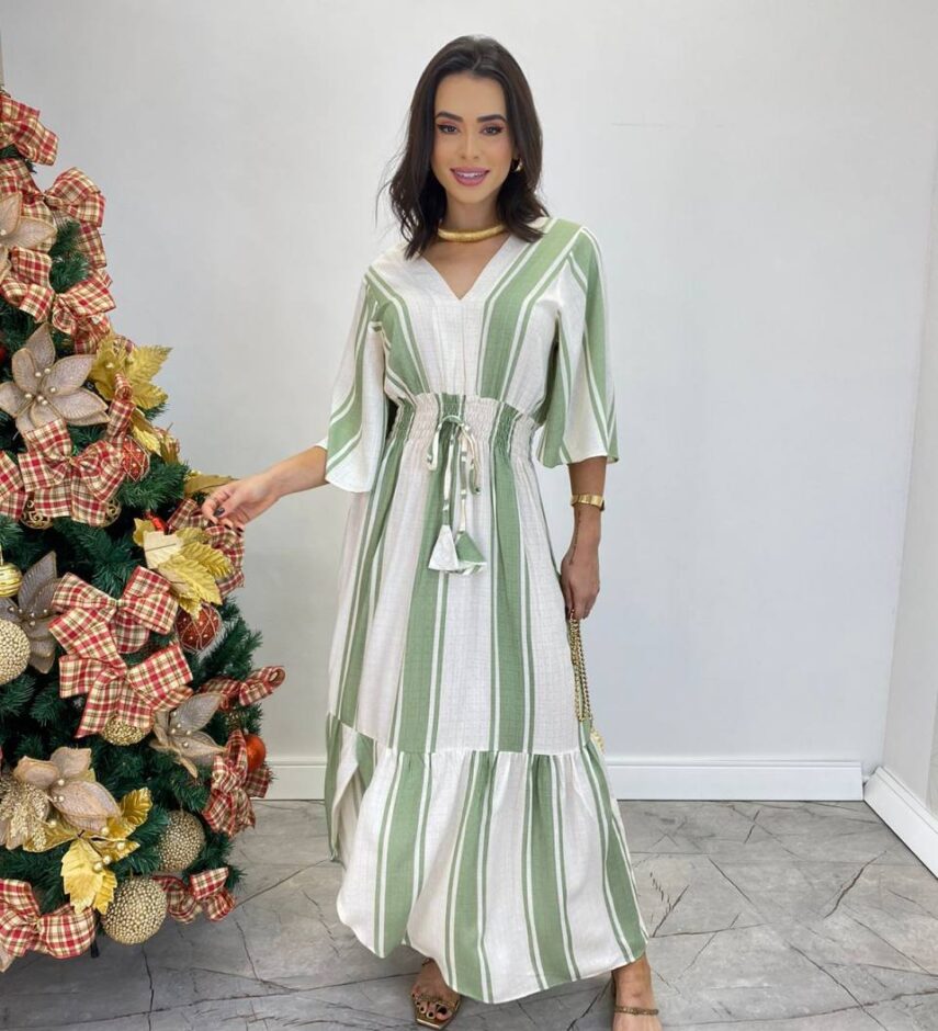 Vestido Longuete Viscolinho sem Bojo Manga 3/4 Listrado Verde - Fernanda Ramos Store