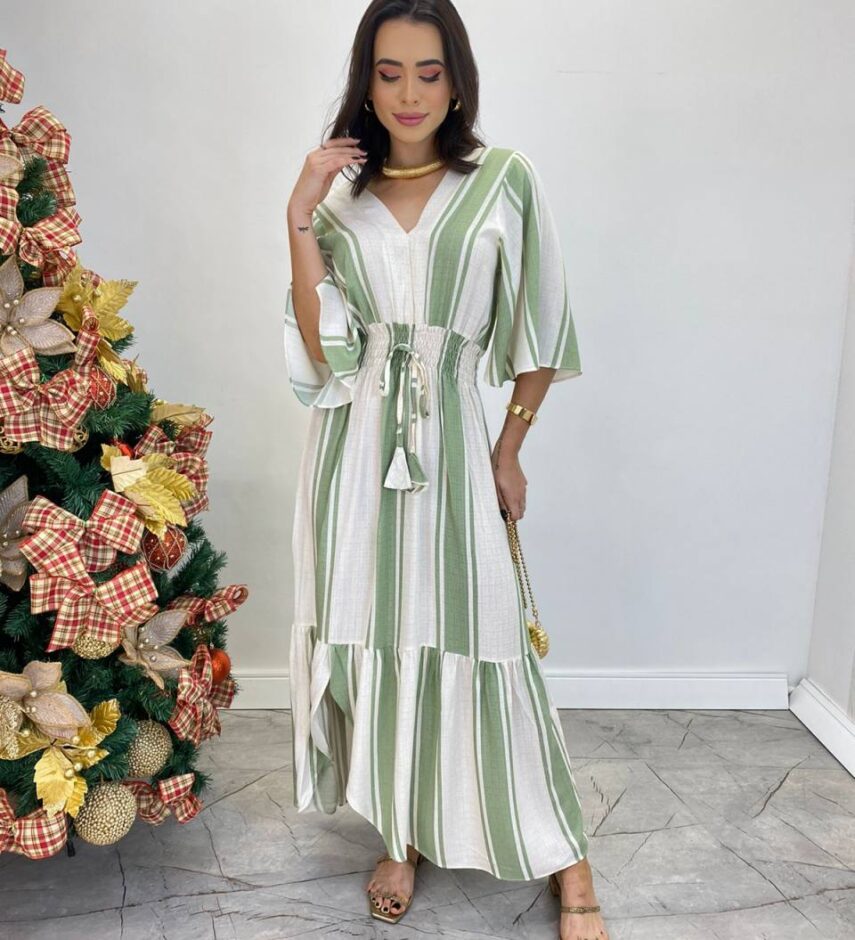 Vestido Longuete Viscolinho sem Bojo Manga 3/4 Listrado Verde - Fernanda Ramos Store