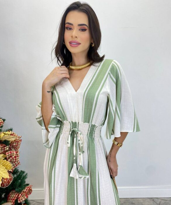 Vestido Longuete Viscolinho sem Bojo Manga 3/4 Listrado Verde - Fernanda Ramos Store