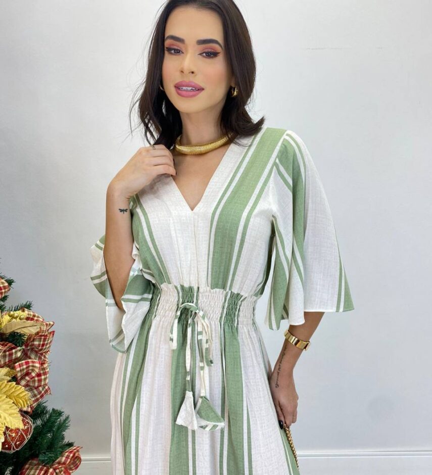 Vestido Longuete Viscolinho sem Bojo Manga 3/4 Listrado Verde - Fernanda Ramos Store