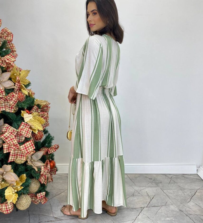Vestido Longuete Viscolinho sem Bojo Manga 3/4 Listrado Verde - Fernanda Ramos Store