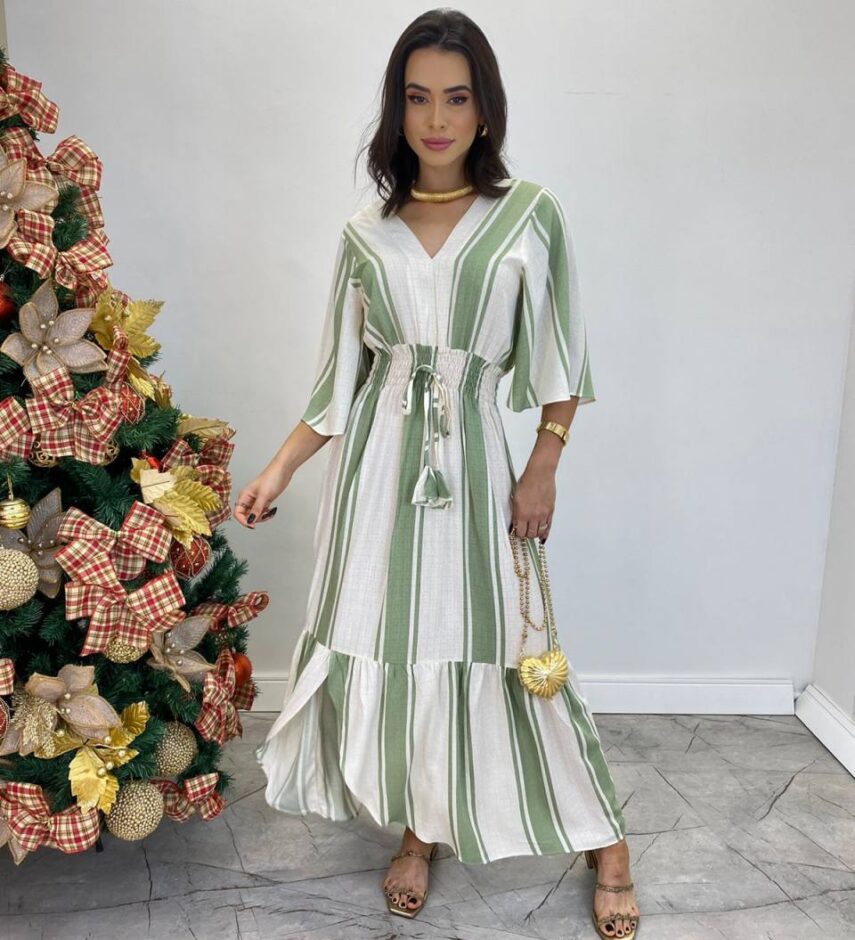 Vestido Longuete Viscolinho sem Bojo Manga 3/4 Listrado Verde - Fernanda Ramos Store