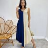 Vestido Midi Amplo sem Bojo Alça Larga Azul Marinho e Bege - Fernanda Ramos Store