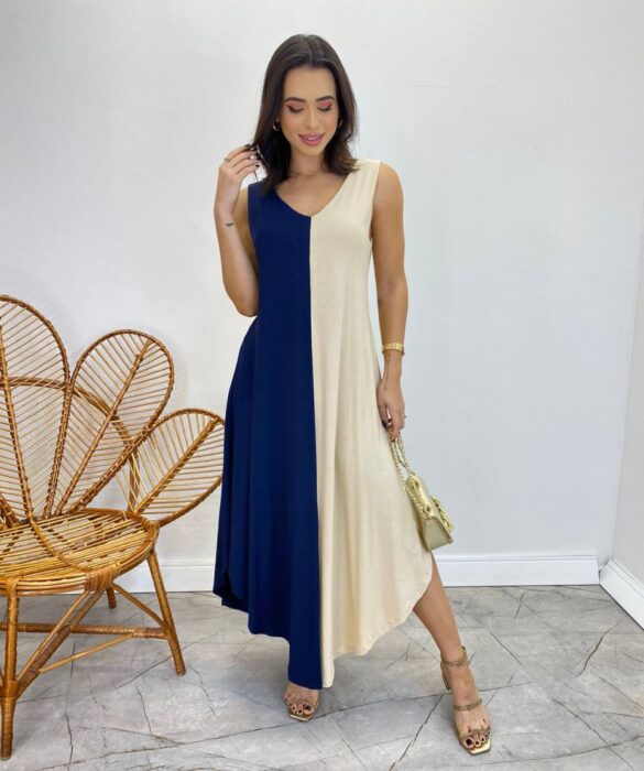 Vestido Midi Amplo sem Bojo Alça Larga Azul Marinho e Bege - Fernanda Ramos Store