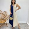 Vestido Midi Amplo sem Bojo Alça Larga Azul Marinho e Bege - Fernanda Ramos Store