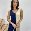 Vestido Midi Amplo sem Bojo Alça Larga Azul Marinho e Bege - Fernanda Ramos Store