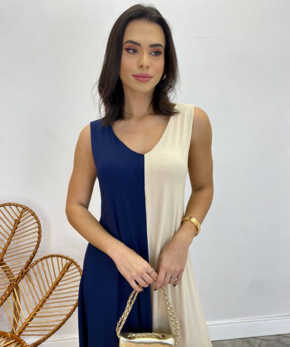 Vestido Midi Amplo sem Bojo Alça Larga Azul Marinho e Bege - Fernanda Ramos Store