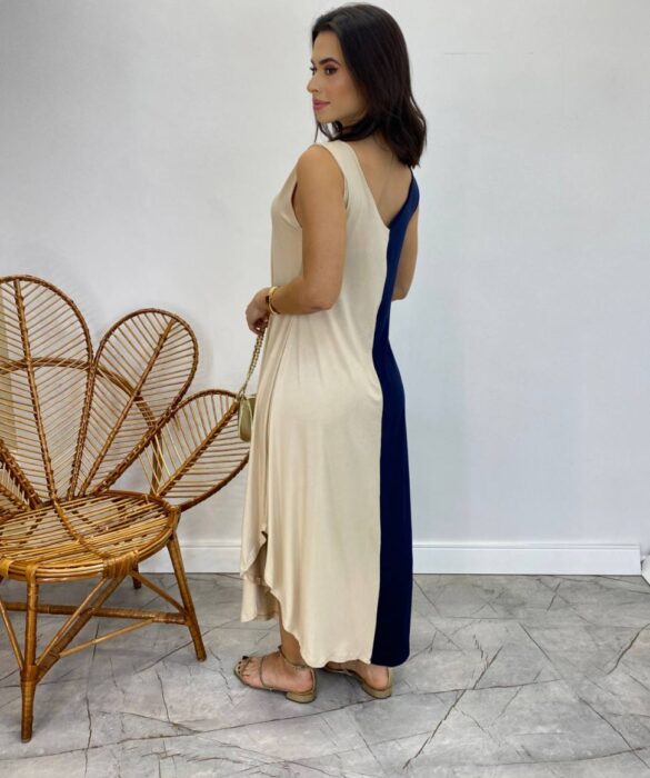 Vestido Midi Amplo sem Bojo Alça Larga Azul Marinho e Bege - Fernanda Ramos Store