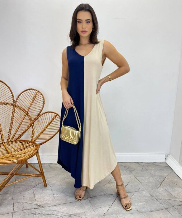 Vestido Midi Amplo sem Bojo Alça Larga Azul Marinho e Bege - Fernanda Ramos Store