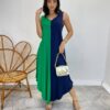 Vestido Midi Amplo sem Bojo Alça Larga Azul Marinho e Verde - Fernanda Ramos Store