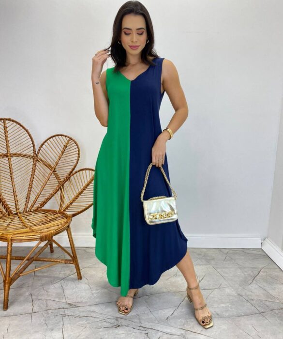 Vestido Midi Amplo sem Bojo Alça Larga Azul Marinho e Verde - Fernanda Ramos Store