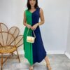 Vestido Midi Amplo sem Bojo Alça Larga Azul Marinho e Verde - Fernanda Ramos Store