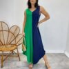 Vestido Midi Amplo sem Bojo Alça Larga Azul Marinho e Verde - Fernanda Ramos Store