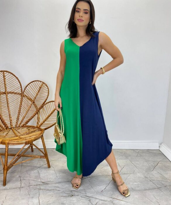 Vestido Midi Amplo sem Bojo Alça Larga Azul Marinho e Verde - Fernanda Ramos Store